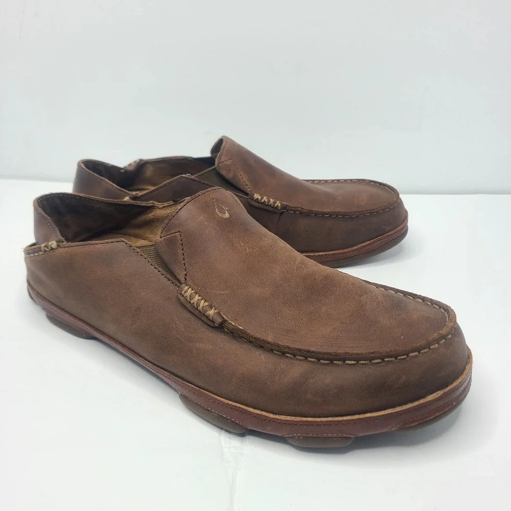 OluKai Moloa Mens 13 Leather Slip On Drop In Heel Shoes Toffee Loafers